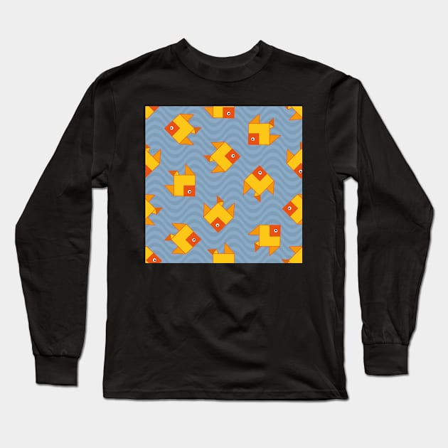 yellow fish on blue background Long Sleeve T-Shirt by colorofmagic